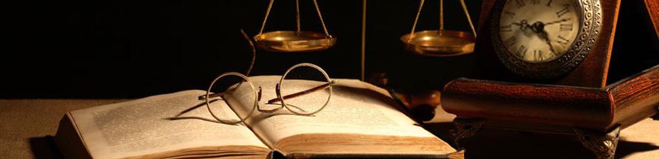 Law Book, Scales of Justice, Glasses and Clock